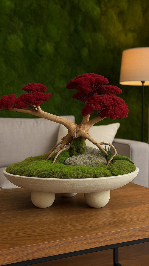 Crimson Serenity Preserved Bonsai – Limited Edition Moss Art by MBD Biophilic Design