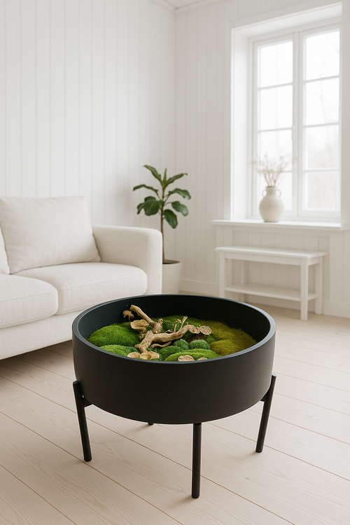 Coffee Table with terrariums in a modern living room.
