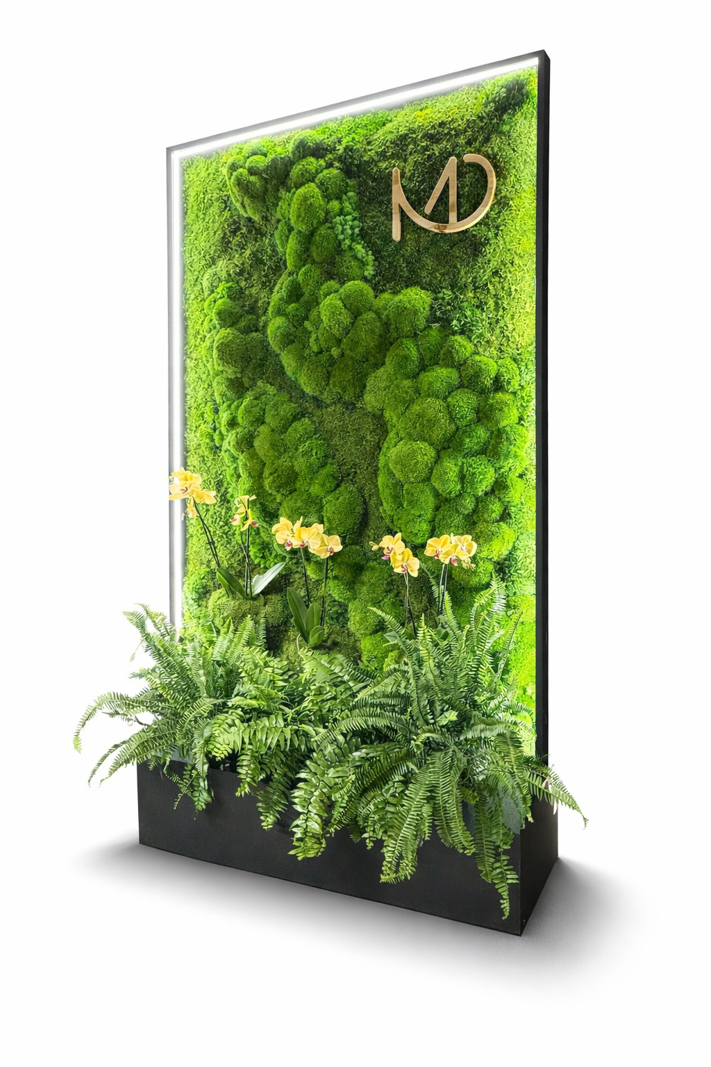 Moss wall with a gold logo on a white background