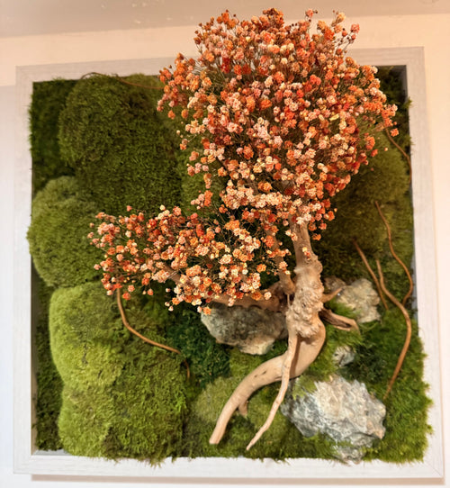 Framed natural wall art with moss, dried flowers, and branches.