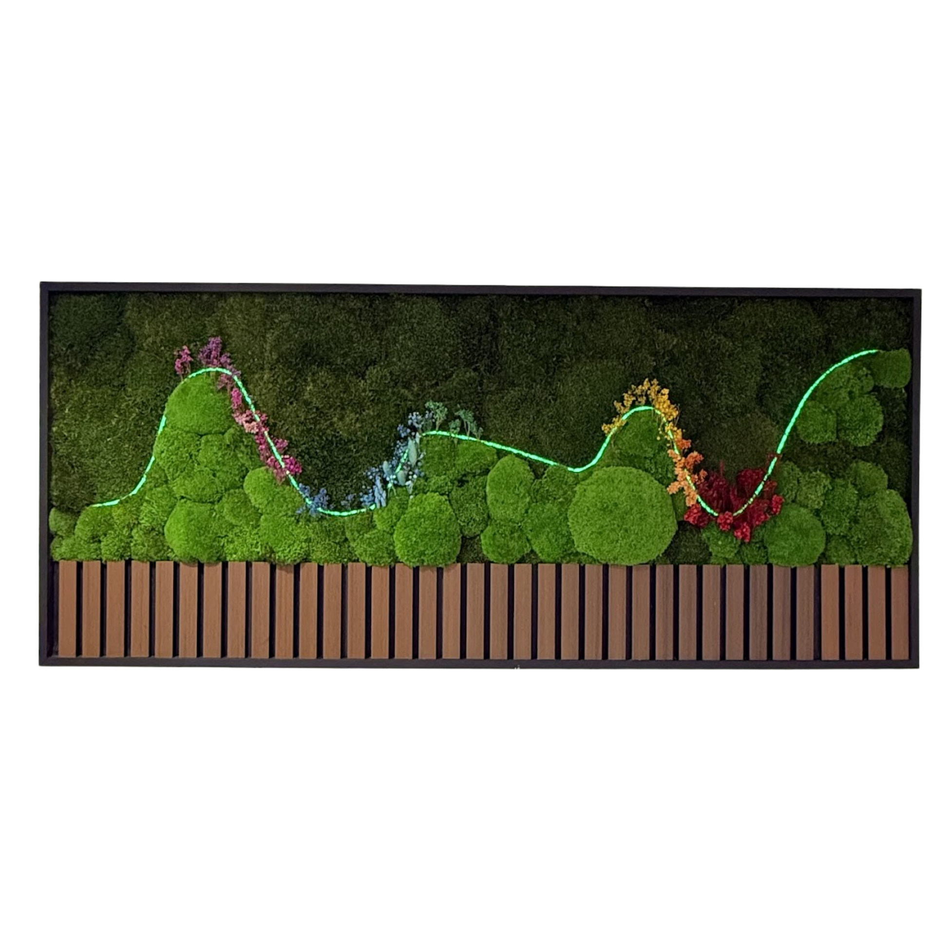 Front view of Rooted in Function preserved moss wall art with green LED accent and black floating frame