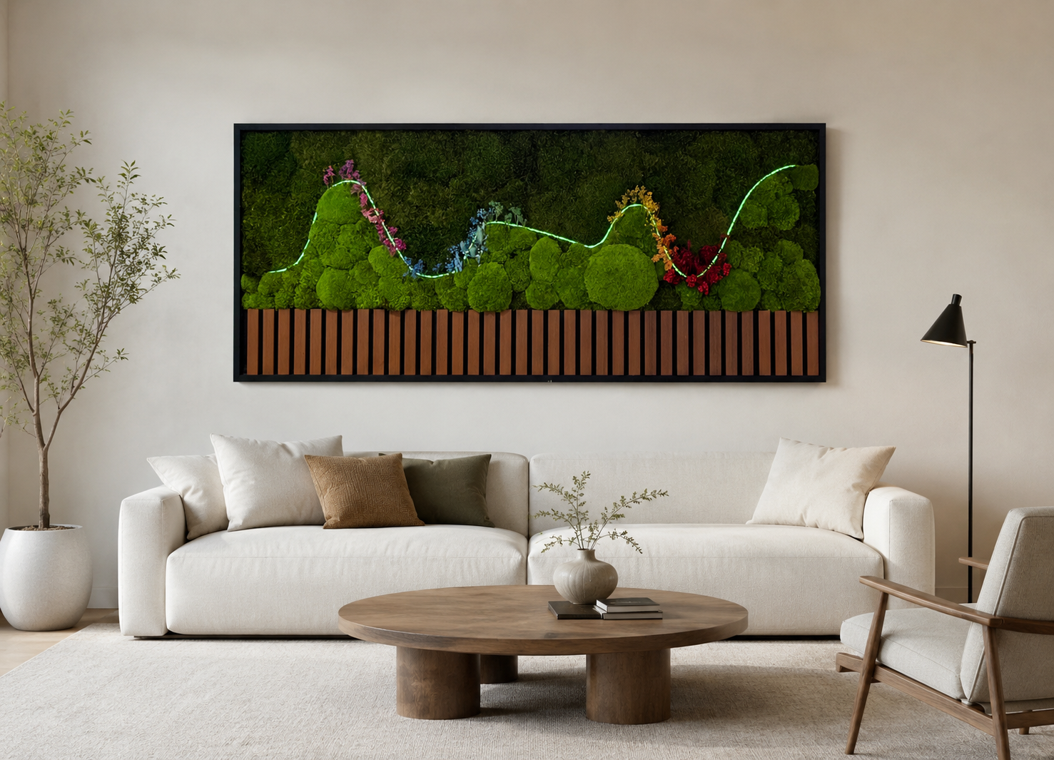 Large preserved moss wall art with LED lighting installed above white sofa in modern living room